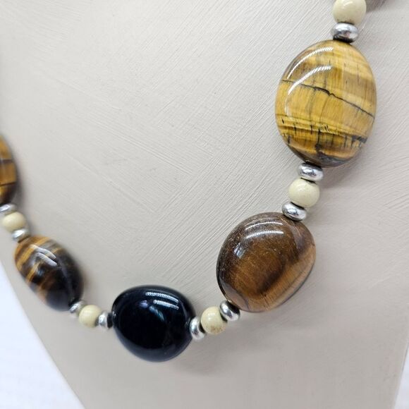 Vintage Chaps Glass Tiger Eye & Black Acrylic Bead Necklace - Picture 5 of 9